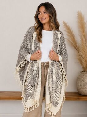 Anthropologie Knit Fringe Shawl Wrap One Size